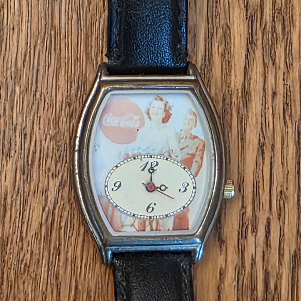 Vintage Coca-Cola Watch Silver Case Black Leather Strap Retro Americana Untested